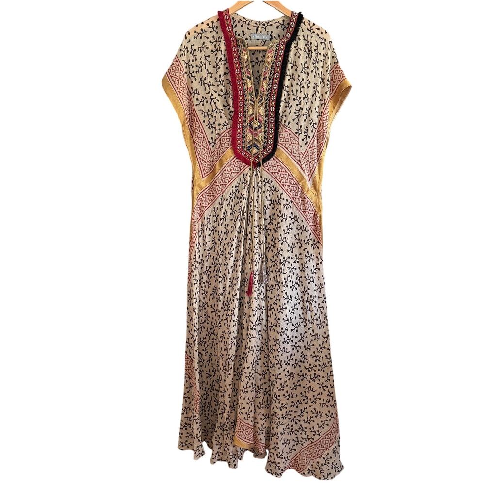 DASSIOS Luxury Lightweight Cotton Caftan W/ Gold Sequin Embroidered Trim Medium